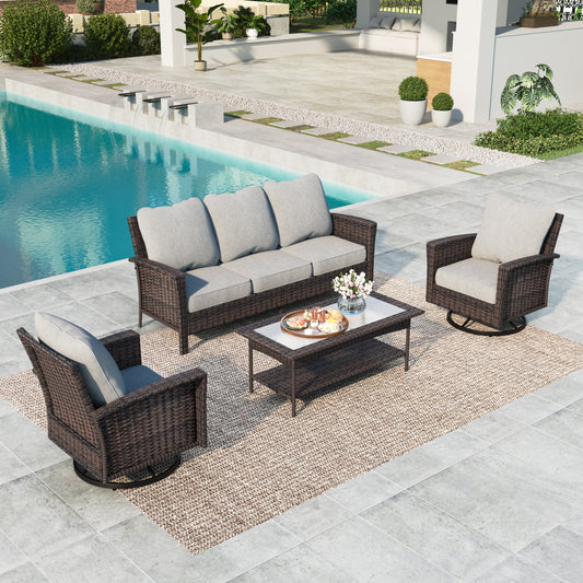 Summit Living 5-Piece Wicker Patio Furniture Set with 2 Swivel Chairs & 3-Seat Sofa with Coffee Table, Outdoor Rattan Sectional Conversation Set, Light Gray