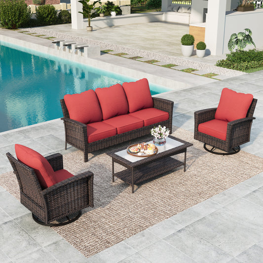 Summit Living 5-Piece Wicker Patio Furniture Set with 2 Swivel Chairs & 3-Seat Sofa with Coffee Table, Outdoor Rattan Sectional Conversation Set, Red