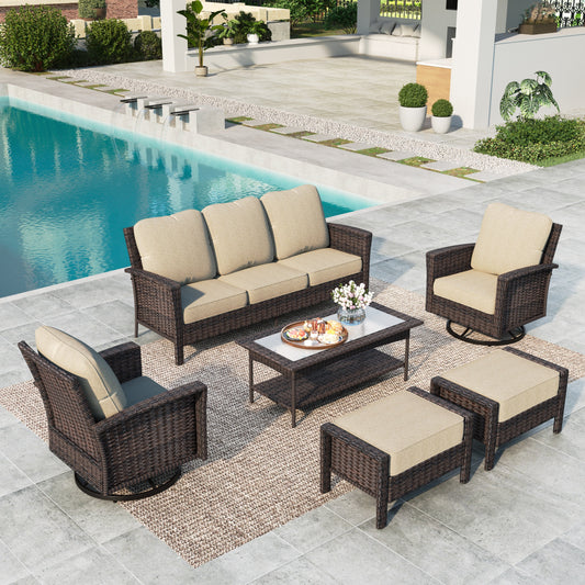 Summit Living 7-Piece Wicker Patio Furniture Set with 2 Swivel Chairs & 3-Seat Sofa & Coffee Table with 2 Ottoman, Outdoor Sectional Conversation Set, Beige