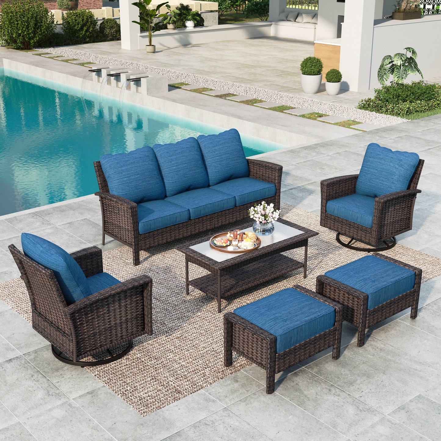 Summit Living 7-Piece Wicker Patio Furniture Set with 2 Swivel Chairs & 3-Seat Sofa & Coffee Table with 2 Ottoman, Outdoor Sectional Conversation Set, Peacock Blue