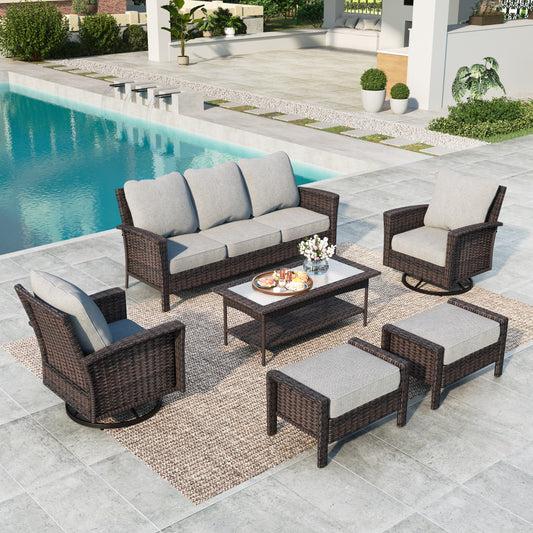 Summit Living 7-Piece Wicker Patio Furniture Set with 2 Swivel Chairs & 3-Seat Sofa & Coffee Table with 2 Ottoman, Outdoor Sectional Conversation Set, Light-Gray