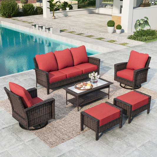 Summit Living 7-Piece Wicker Patio Furniture Set with 2 Swivel Chairs & 3-Seat Sofa & Coffee Table with 2 Ottoman, Outdoor Sectional Conversation Set, Red