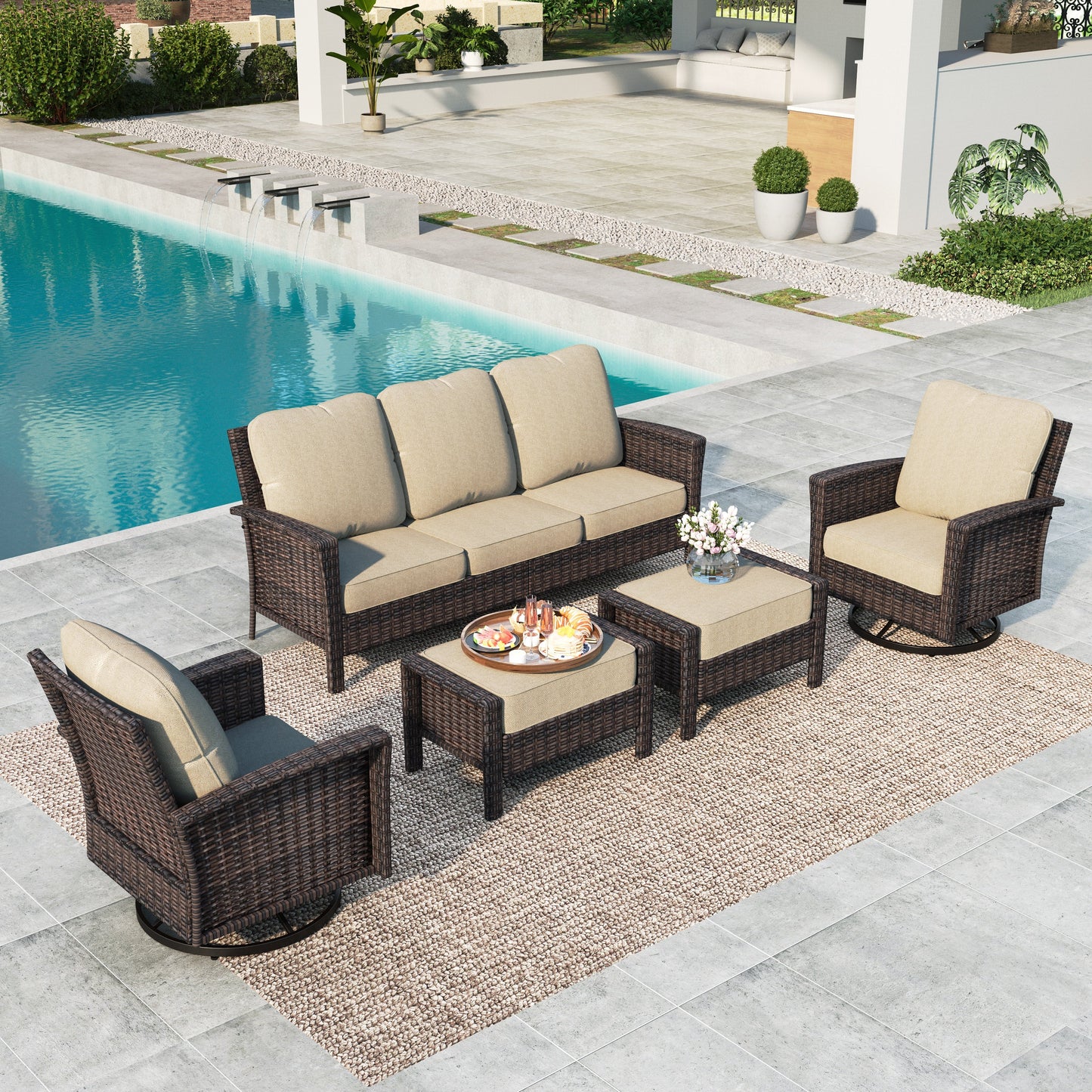 Summit Living 7-Piece Wicker Patio Furniture Set with 2 Swivel Chairs & 3-Seat Sofa with 2 Ottoman, Outdoor Sectional Conversation Set for Garden, Beige