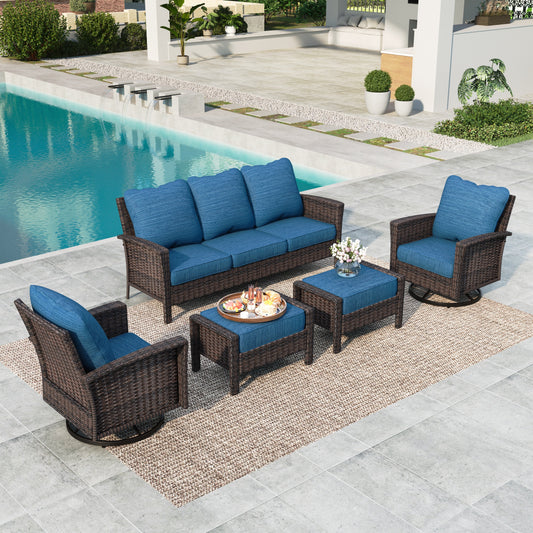 Summit Living 7-Piece Wicker Patio Furniture Set with 2 Swivel Chairs & 3-Seat Sofa with 2 Ottoman, Outdoor Sectional Conversation Set for Garden, Peacock Blue