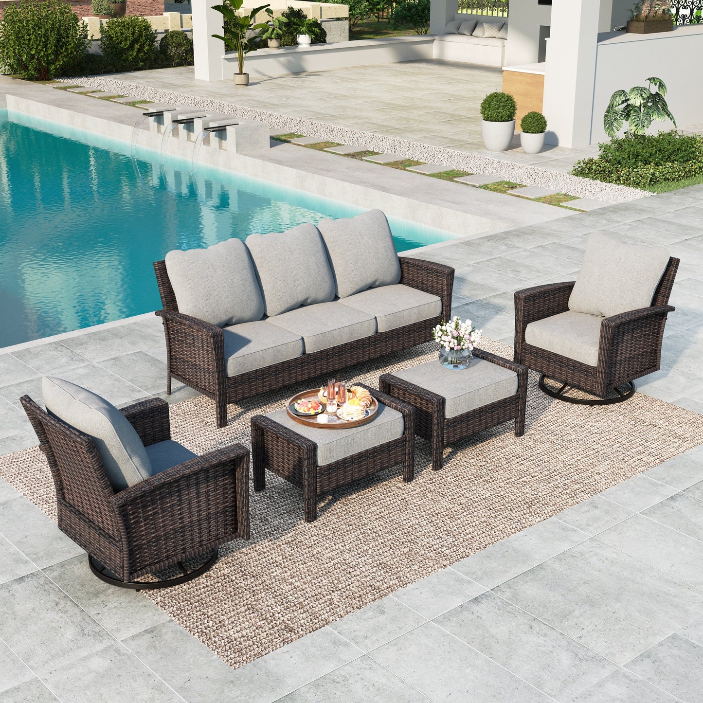 Summit Living 7-Piece Wicker Patio Furniture Set with 2 Swivel Chairs & 3-Seat Sofa with 2 Ottoman, Outdoor Sectional Conversation Set for Garden, Light Gray