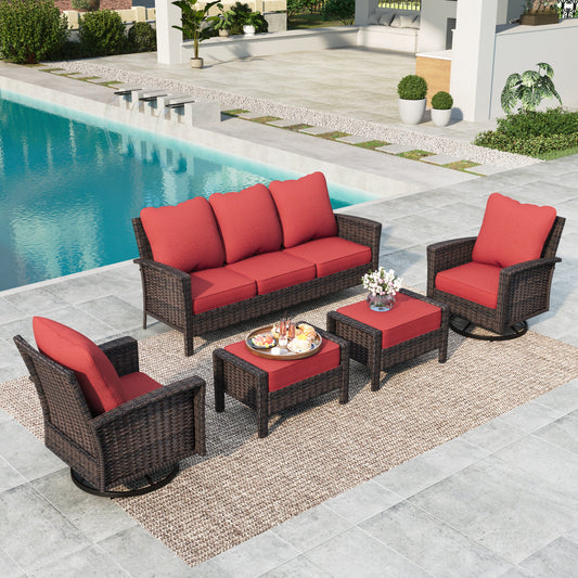 Summit Living 7-Piece Wicker Patio Furniture Set with 2 Swivel Chairs & 3-Seat Sofa with 2 Ottoman, Outdoor Sectional Conversation Set for Garden, Red