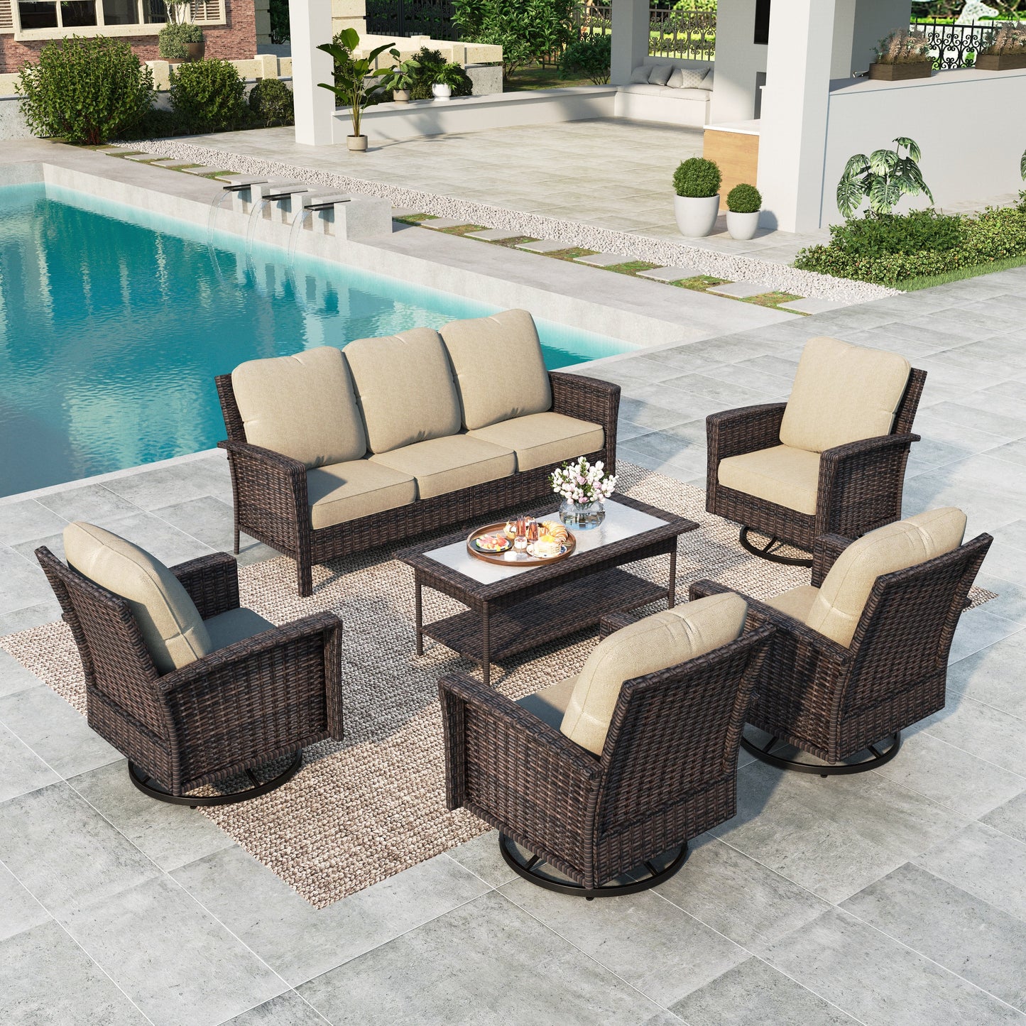 Summit Living 7-Piece Wicker Patio Furniture Set with 4 Swivel Chairs & 3-Seat Sofa with Coffee Table, Outdoor Sectional Conversation Set, Beige