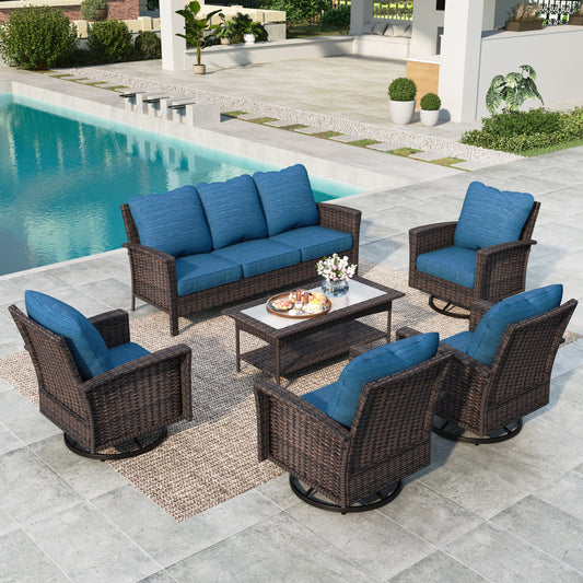 Summit Living 7-Piece Wicker Patio Furniture Set with 4 Swivel Chairs & 3-Seat Sofa with Coffee Table, Outdoor Sectional Conversation Set, Peacock Blue