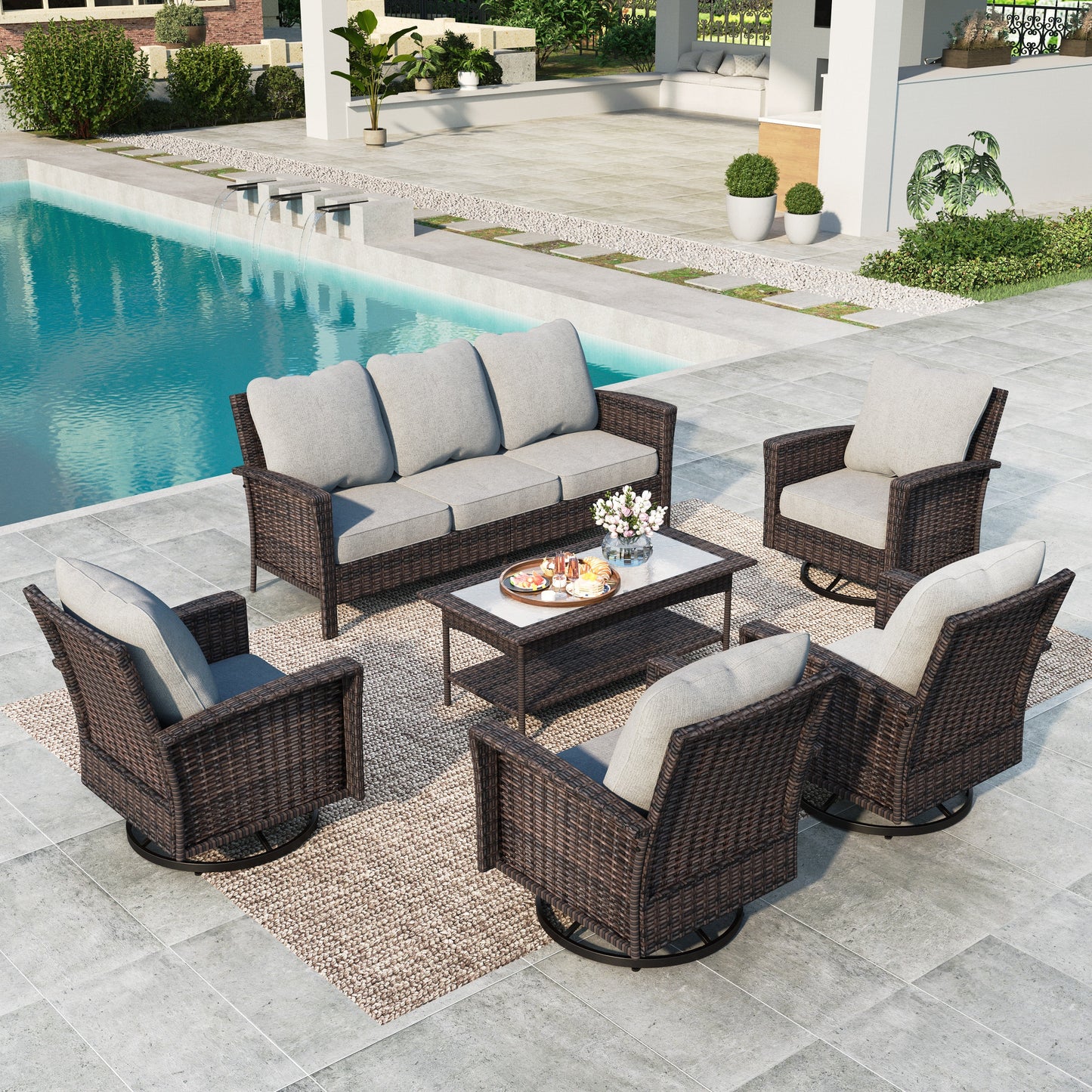 Summit Living 7-Piece Wicker Patio Furniture Set with 4 Swivel Chairs & 3-Seat Sofa with Coffee Table, Outdoor Sectional Conversation Set, Light-Gray