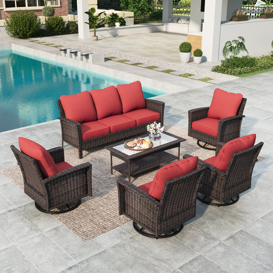 Summit Living 7-Piece Wicker Patio Furniture Set with 4 Swivel Chairs & 3-Seat Sofa with Coffee Table, Outdoor Sectional Conversation Set, Red