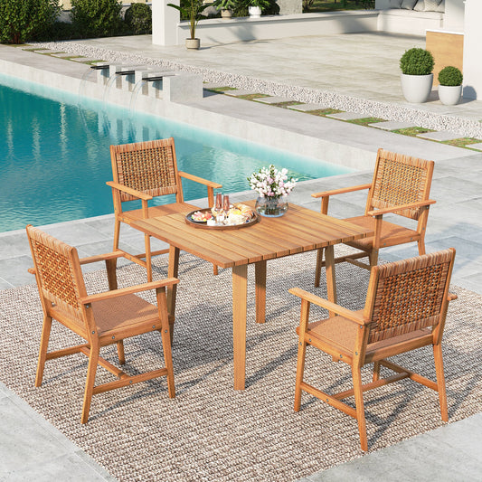 Summit Living 5-Piece Acacia Wood Outdoor Patio Dining Set with 4 Wooden Chairs with Rattan & Teak Dining Table for 5 Person