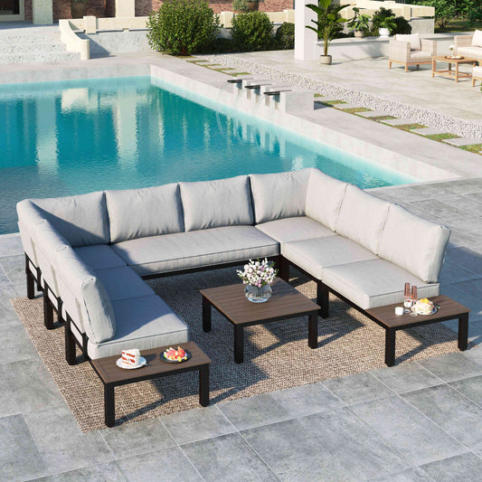 MF Studio 8-Seat Outdoor Patio Conversation Set, Outdoor Sectional Sofa with Full Set Cushions & Wood-Grain Coffee Table, Black & Gray