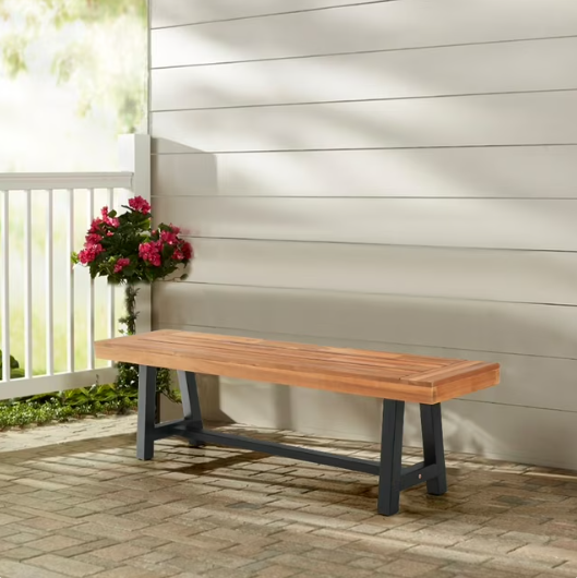 MF Studio Single Outdoor Patio Acacia Wood Bench 63.0" L x 14.4" W x 17.9" H, Oil Finished Backless Wooden Garden Park Bench for Patio Porch, Modern Slim Outdoor Dining Furniture, Teak Color