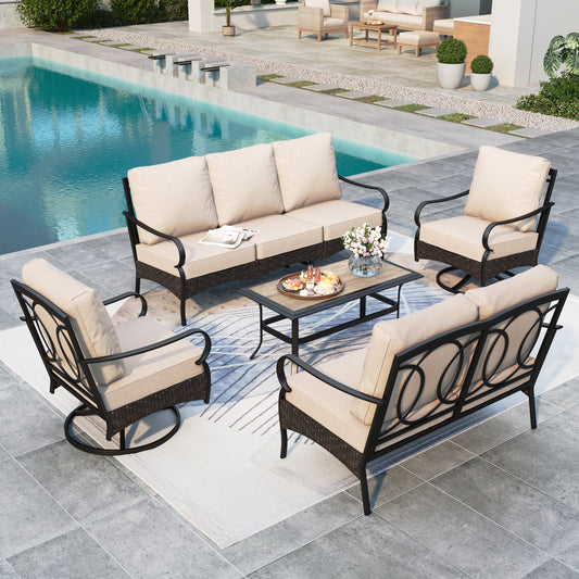 Summit Living 7-Seat Outdoor Patio Conversation Set with 3-Seat Sofa, Love-Seat Sofa, 2 Swivel Chairs & Wood-Look Coffee Table, Black Steel Frame & Beige Cushion