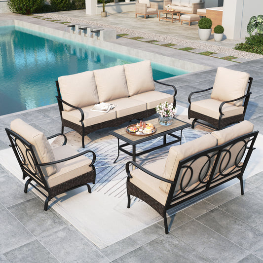 Summit Living 7-Seat Outdoor Patio Conversation Set with 3-Seat Sofa, Love-Seat, 2 Rocking Chairs & Wood-Look Coffee Table, Black Steel Frame & Beige Cushion