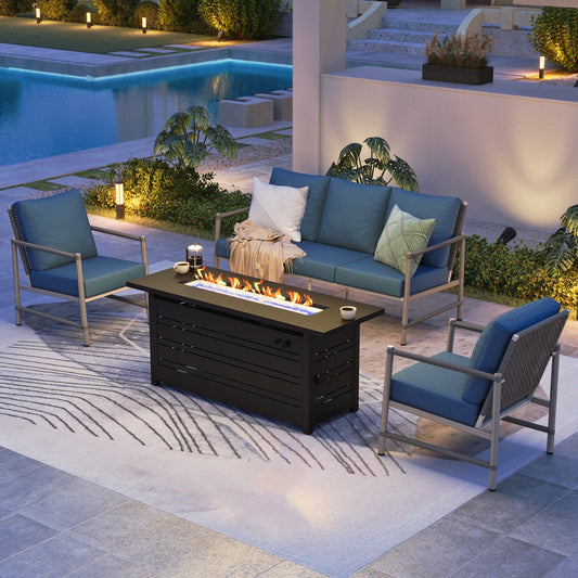 Summit Living 5-Seat Patio Conversation Set with Fire Pit Table, Wood-Grained Metal Frame & Wicker Back, Gray & Blue