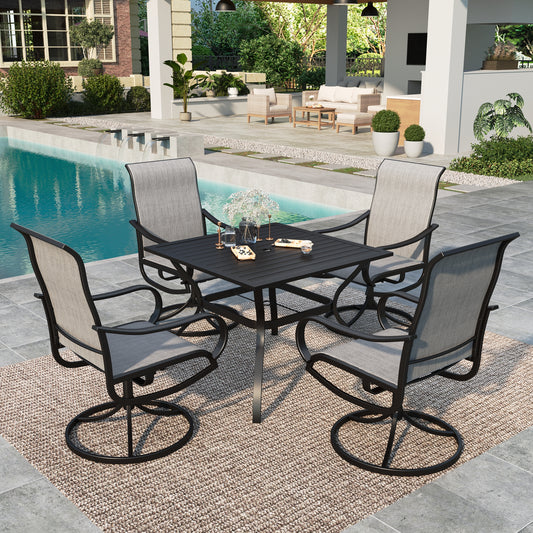 Summit Living 5-Piece Outdoor Patio Dining Set, Swivel Textilene Chair & 37” Metal Table with Umbrella Hole, Black & Light Gray