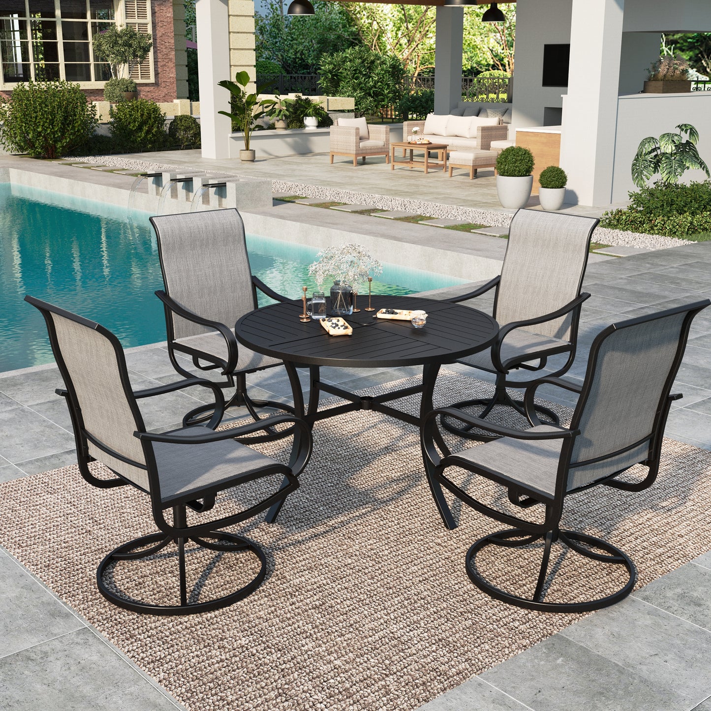 Summit Living 5-Piece Outdoor Patio Dining Set, Swivel Textilene Chair & 42" Round Metal Table with Umbrella Hole, Black & Light Gray