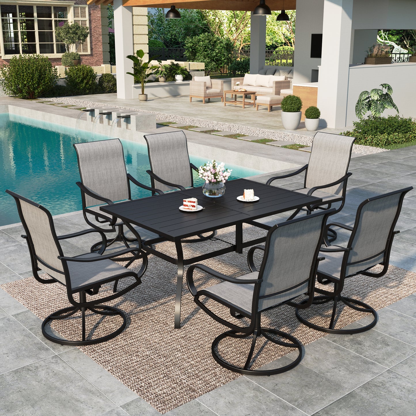 Summit Living 7-Piece Outdoor Patio Dining Set, Swivel Textilene Chair & 60" Rectangle Metal Table with Umbrella Hole, Black & Light Gray