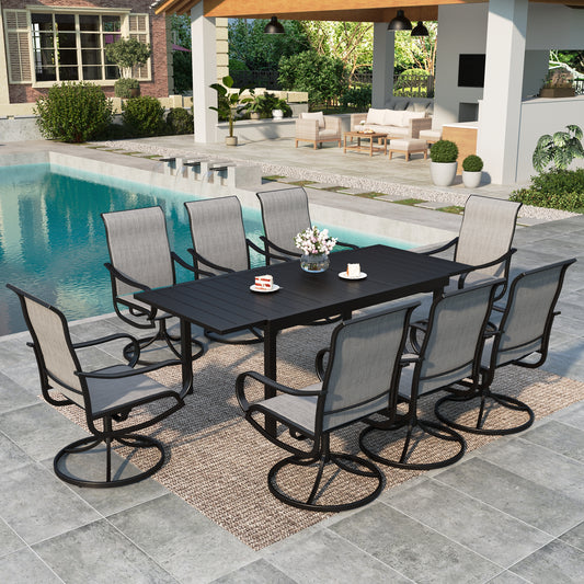 Summit Living 9-Piece Outdoor Patio Dining Set with Swivel High Back Textilene Chair & 84" Extendable Metal Table for 8 Person, Black & Gray