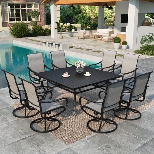 Summit Living 9-Piece Outdoor Patio Dining Set with Swivel High Back Textilene Chair & 60" Large Square Metal Table with Umbrella Hole for 8 Person, Black & Gray