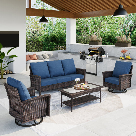 Summit Living 5-Piece Wicker Patio Furniture Set with 2 Swivel Chairs & 3-Seat Sofa with Coffee Table, Outdoor Rattan Sectional Conversation Set, Blue