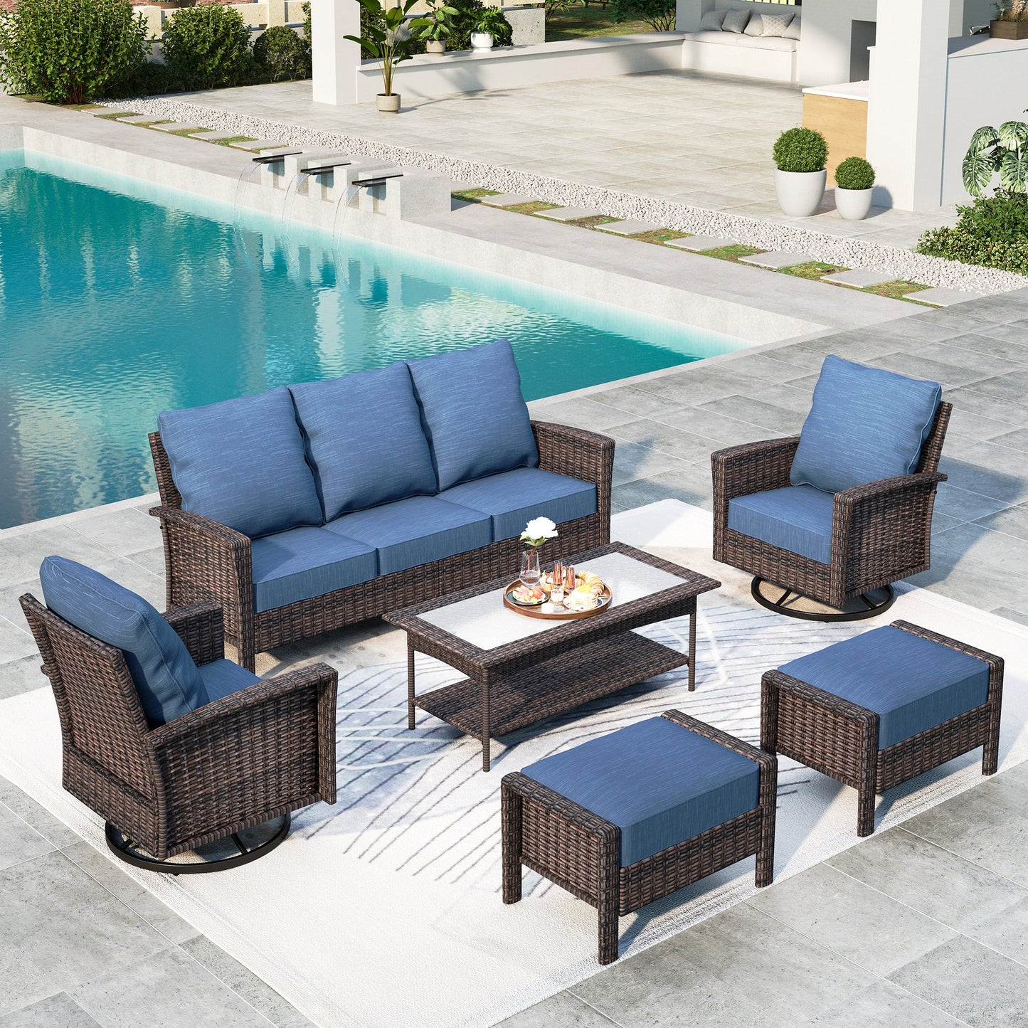 Summit Living 7-Piece Wicker Patio Furniture Set with 2 Swivel Chairs & 3-Seat Sofa & Coffee Table with 2 Ottoman, Outdoor Sectional Conversation Set, Blue