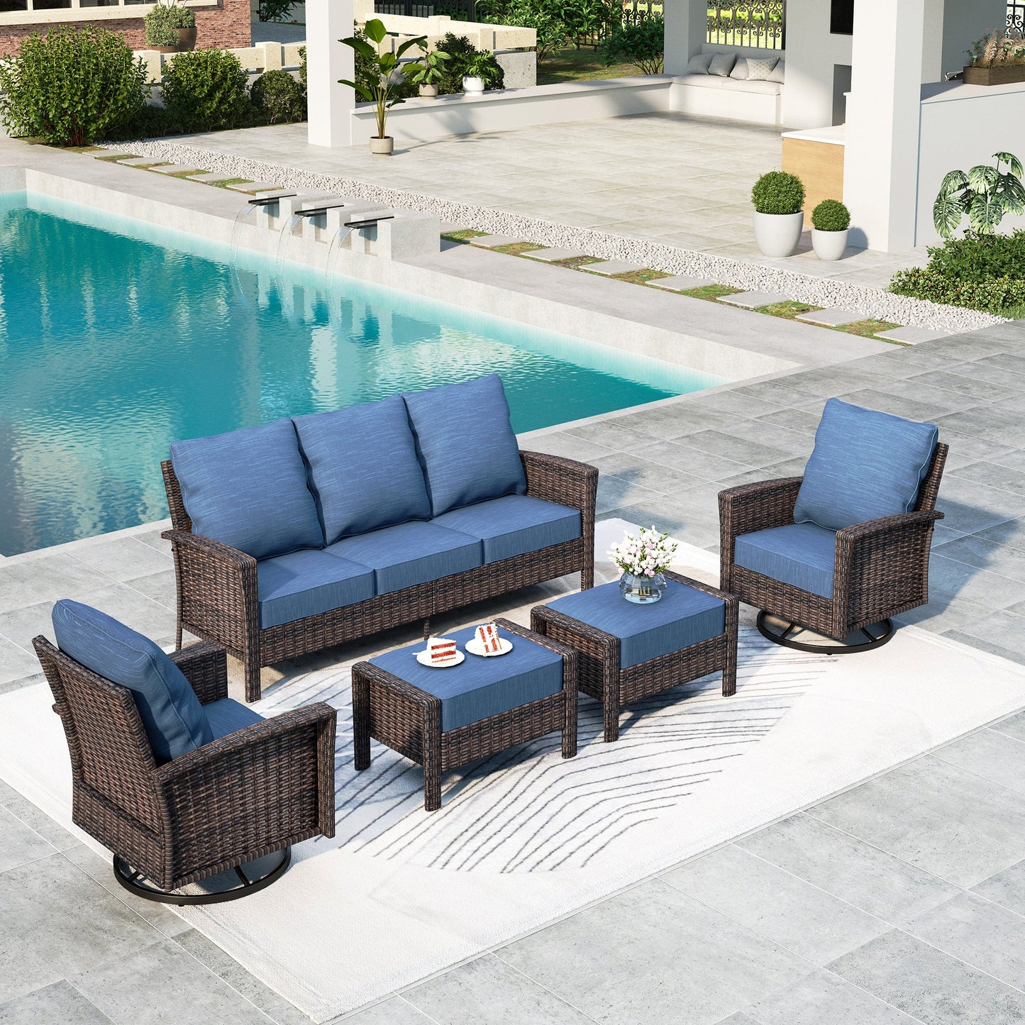 Summit Living 7-Piece Wicker Patio Furniture Set with 2 Swivel Chairs & 3-Seat Sofa with 2 Ottoman, Outdoor Sectional Conversation Set for Garden, Blue