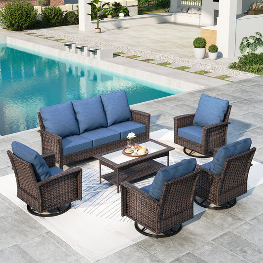 Summit Living 7-Piece Wicker Patio Furniture Set with 4 Swivel Chairs & 3-Seat Sofa with Coffee Table, Outdoor Sectional Conversation Set, Blue