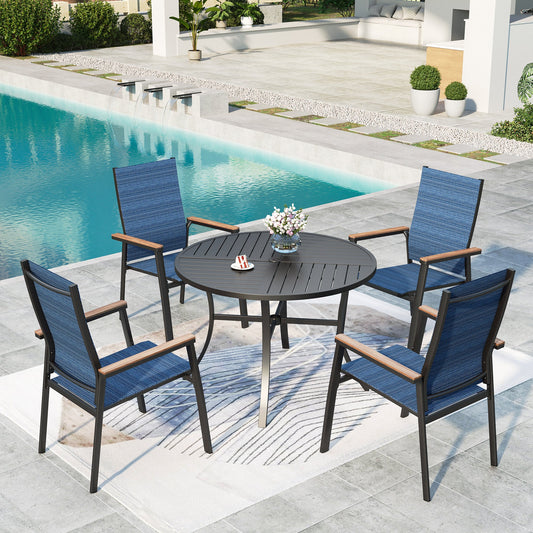 Summit Living 5-Piece Outdoor Patio Dining Set with 4 Pieces Blue Aluminum Armchairs & 1 Piece Metal Steel Round Table, Black & Blue