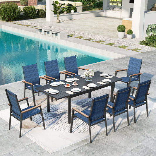 Summit Living 9-Piece Outdoor Patio Dining Set with 8 Stackable Blue Aluminum Armchairs & 1 Black Expandable Metal Steel Table