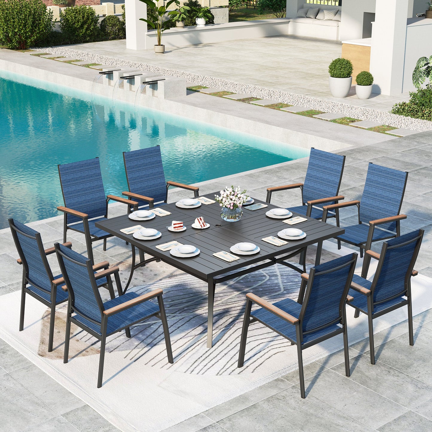 Summit Living 9-Piece Outdoor Patio Dining Set with 8 Stackable Blue Aluminum Armchairs & 1 Black Metal Steel Square Table with Umbrella Hole