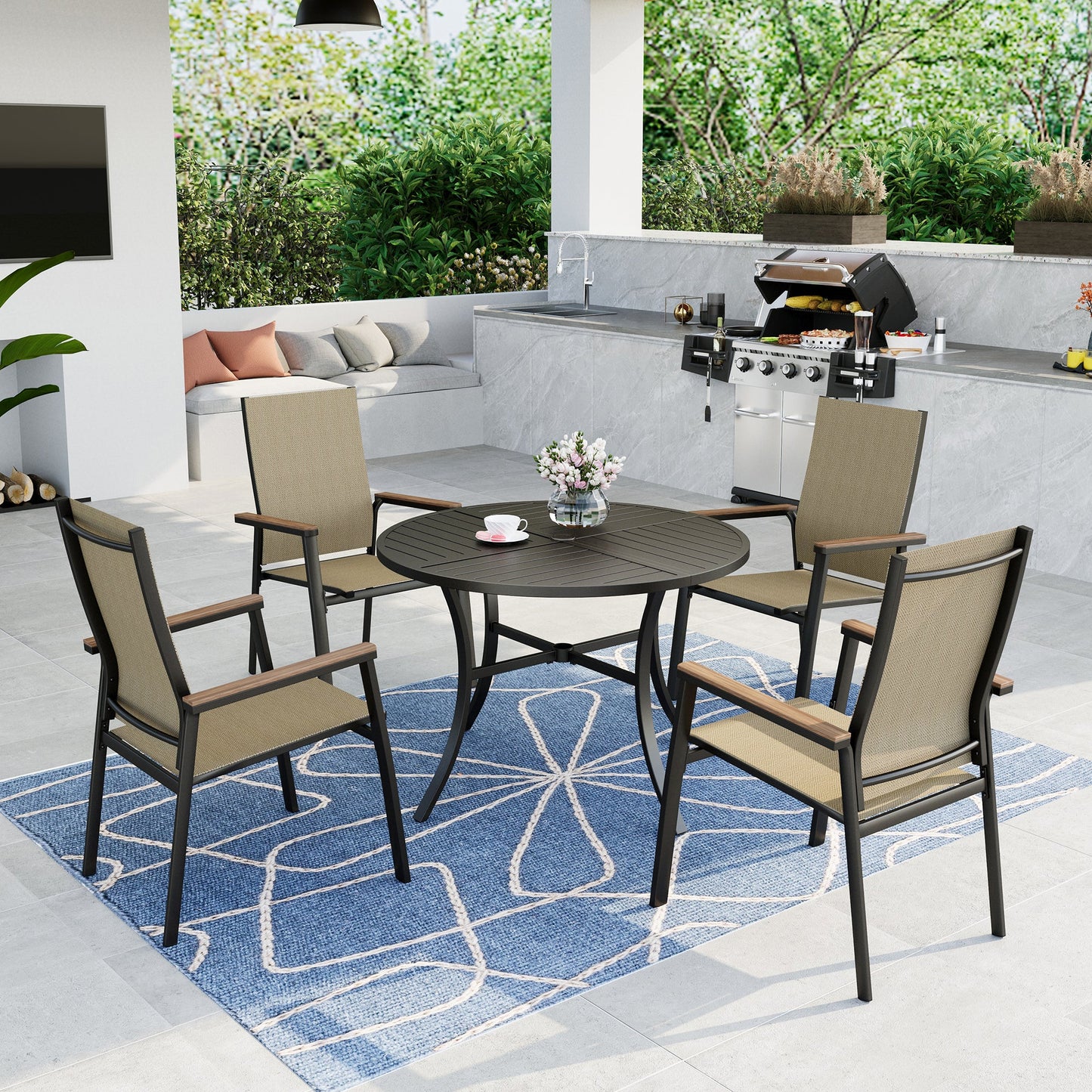 Summit Living 5-Piece Outdoor Patio Dining Set with 4 Pieces Blue Aluminum Armchairs & 1 Piece Metal Steel Round Table, Black & Beige