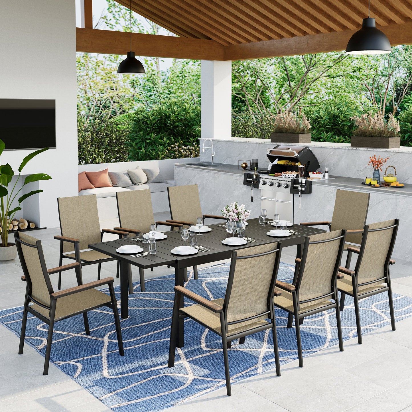 Summit Living 9-Piece Outdoor Patio Dining Set with 8 Stackable Beige Aluminum Armchairs & 1 Black Expandable Metal Steel Table