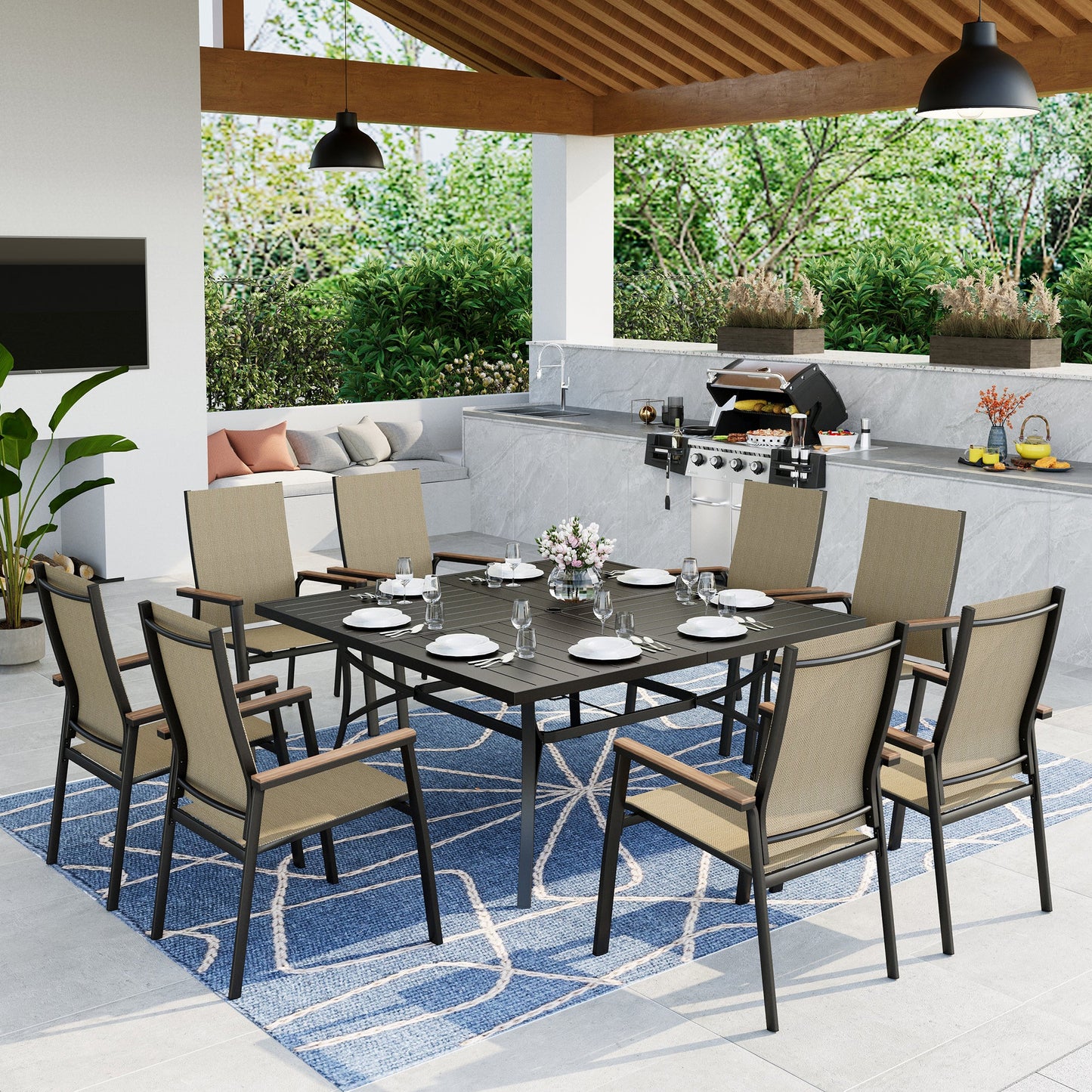 Summit Living 9-Piece Outdoor Patio Dining Set with 8 Stackable Beige Aluminum Armchairs & 1 Black Metal Steel Square Table with Umbrella Hole