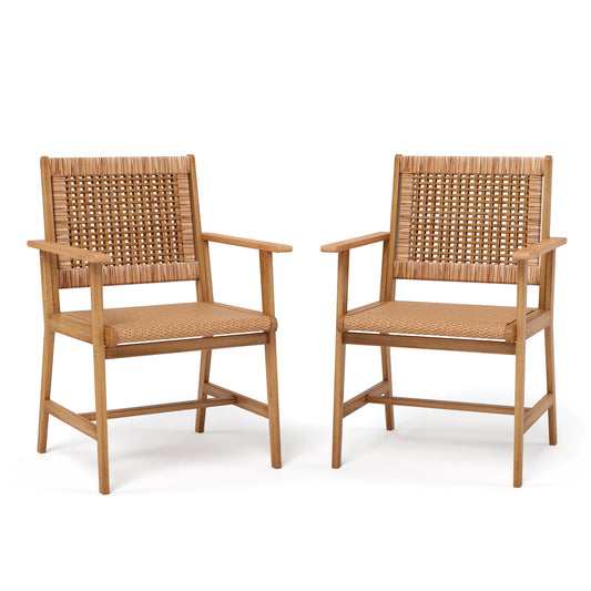 Summit Living 2-Piece Acacia Wood Patio Dining Chairs with Rattan Seat & Back, Teak Wood Outdoor Chairs