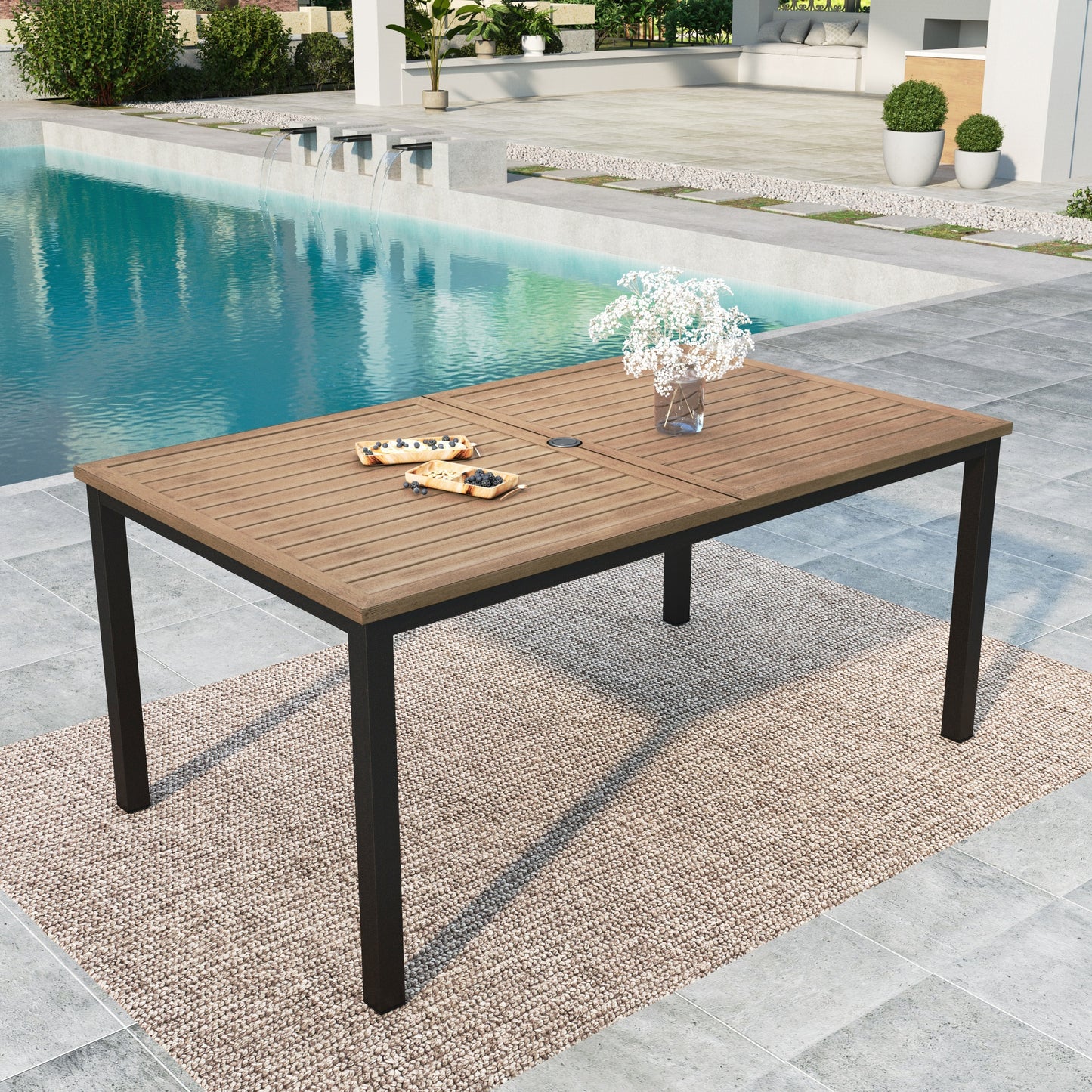 Summit Living Patio Rectangle Dining Table, 1.9" Umbrella Hole & Wood Grain Top for 6-People, Black & Brown