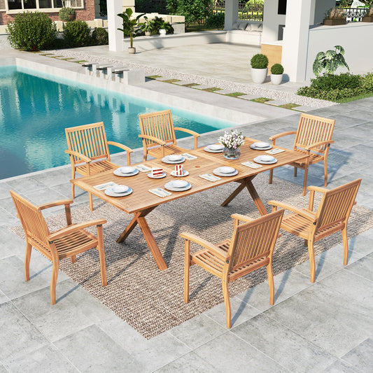 Summit Living 7-Piece Acacia Wood Outdoor Patio Dining Set with 6 Wooden Chairs & Expandable Teak Dining Table with Umbrella Hole for 6 Person