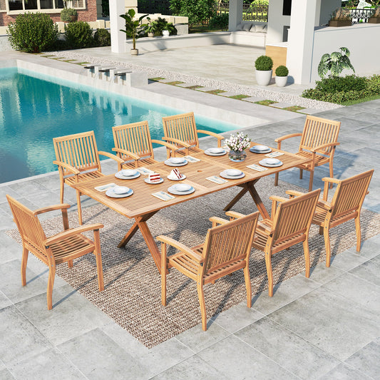 Summit Living 9-Piece Acacia Wood Outdoor Patio Dining Set with 8 Wooden Chairs & 1 Expandable Teak Dining Table with Umbrella Hole for 8 Person