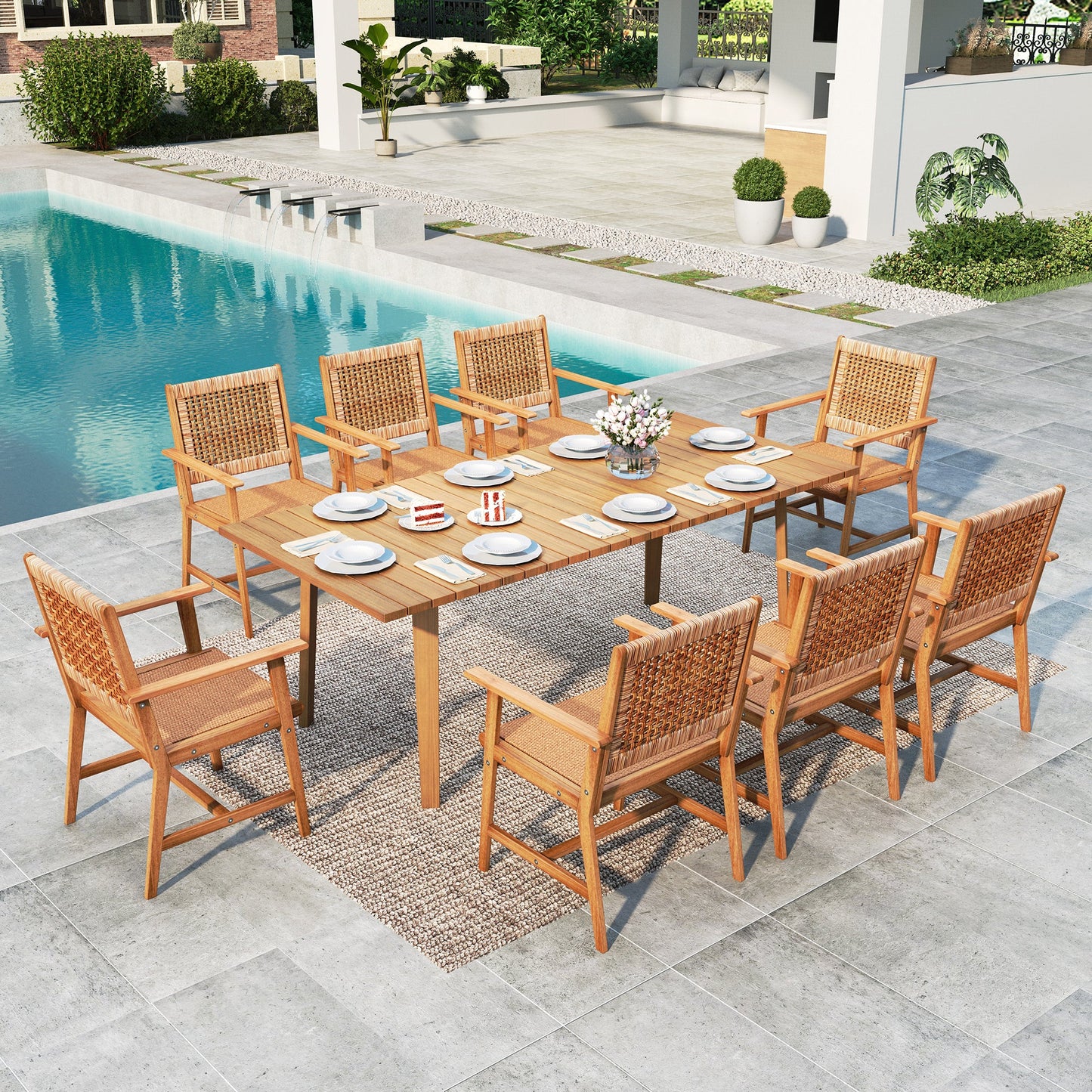 Summit Living 9-Piece Acacia Wood Outdoor Patio Dining set with 8 Teak Wood Chairs with Rattan Seat & Back and Acacia Wood Table