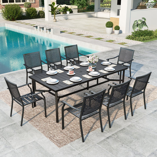 MF Studio 9-Piece Outdoor Patio Dining Set with 8 Stackable Metal Armchairs & 1 Metal Steel Rectangle Table with Umbrella Hole, Black