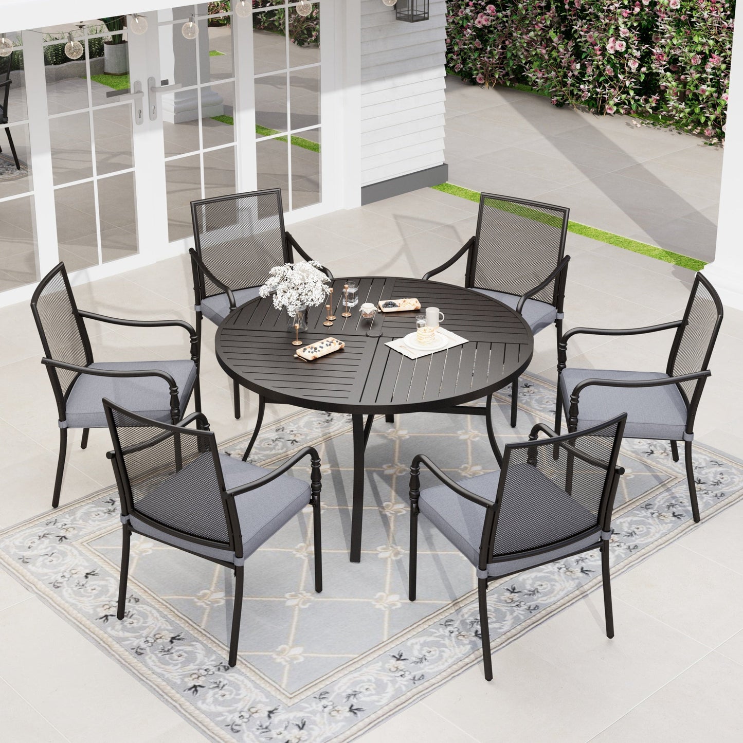 Summit Living 7-Piece Outdoor Patio Dining Set, 350 LBS Capacity Mesh Back Chairs with Cushions & Large Round Table, Black & Gray