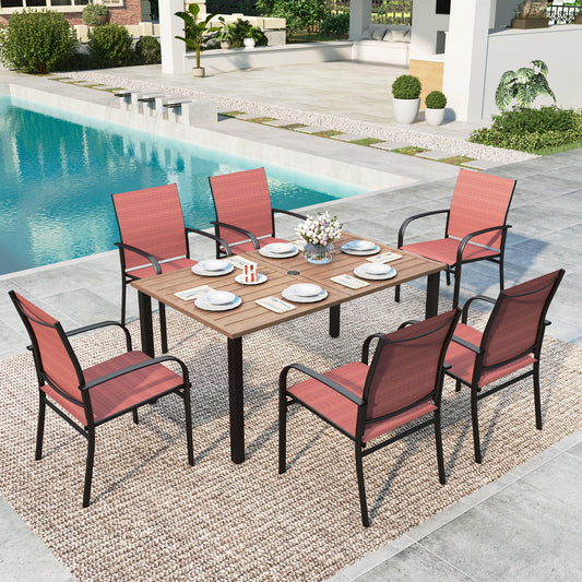 Summit Living 7-Piece Outdoor Patio Dining Set with 6 Textilene Chairs & Rectangular Metal Steel Dining Table with Umbrella Hole, Black & Red