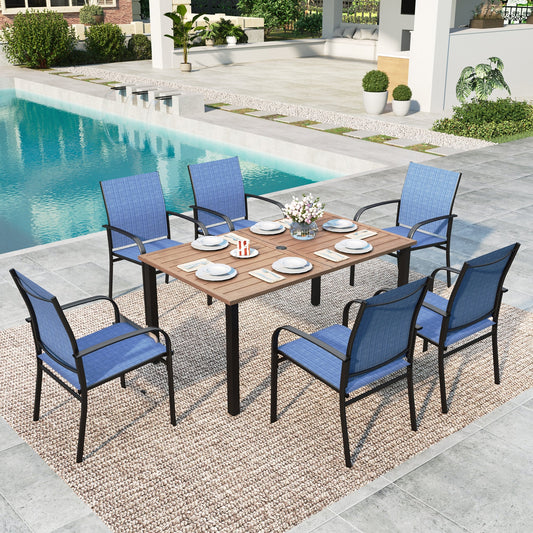 Summit Living 7-Piece Outdoor Patio Dining Set with 6 Textilene Chairs & Rectangular Metal Steel Dining Table with Umbrella Hole, Black & Blue