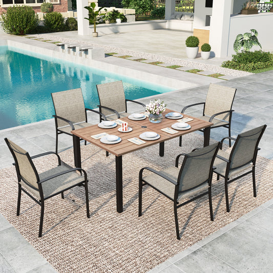 Summit Living 7-Piece Outdoor Patio Dining Set with 6 Textilene Chairs & Rectangular Metal Steel Dining Table with Umbrella Hole, Black & Gray