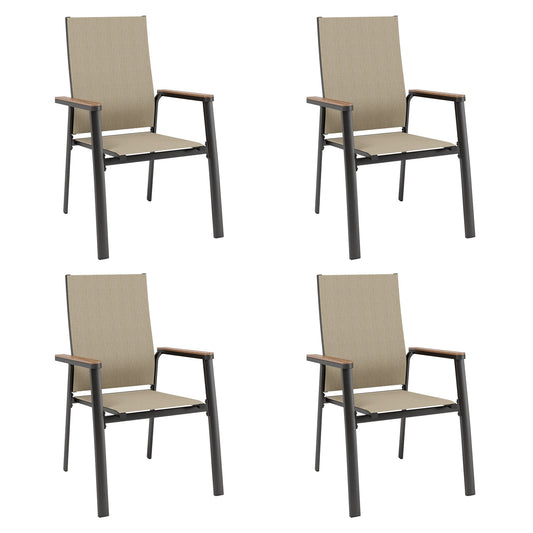 Summit Living 4-Piece Outdoor Patio Dining Stackable Chairs with Aluminum Frame & Textilene Seat, Black & Beige