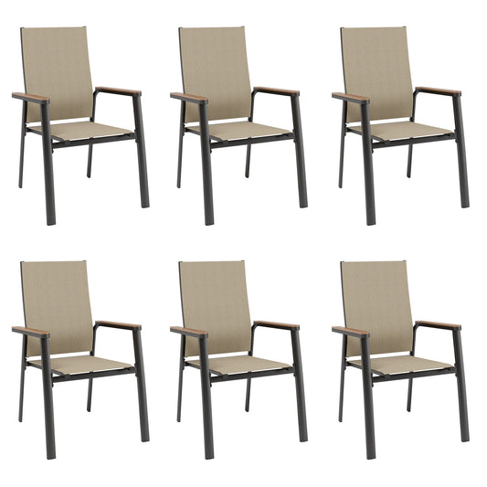 Summit Living 6-Piece Outdoor Patio Dining Stackable Chairs with Aluminum Frame & Textilene Seat, Black & Beige