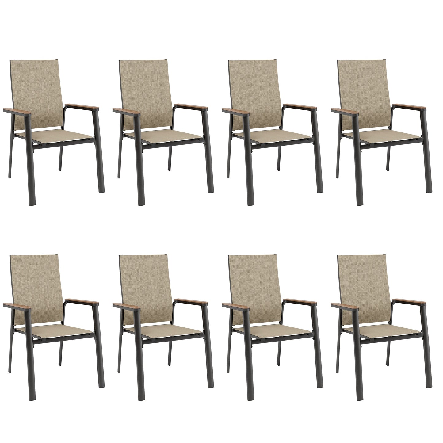 Summit Living 8-Piece Outdoor Patio Dining Stackable Chairs with Aluminum Frame & Textilene Seat, Black & Beige