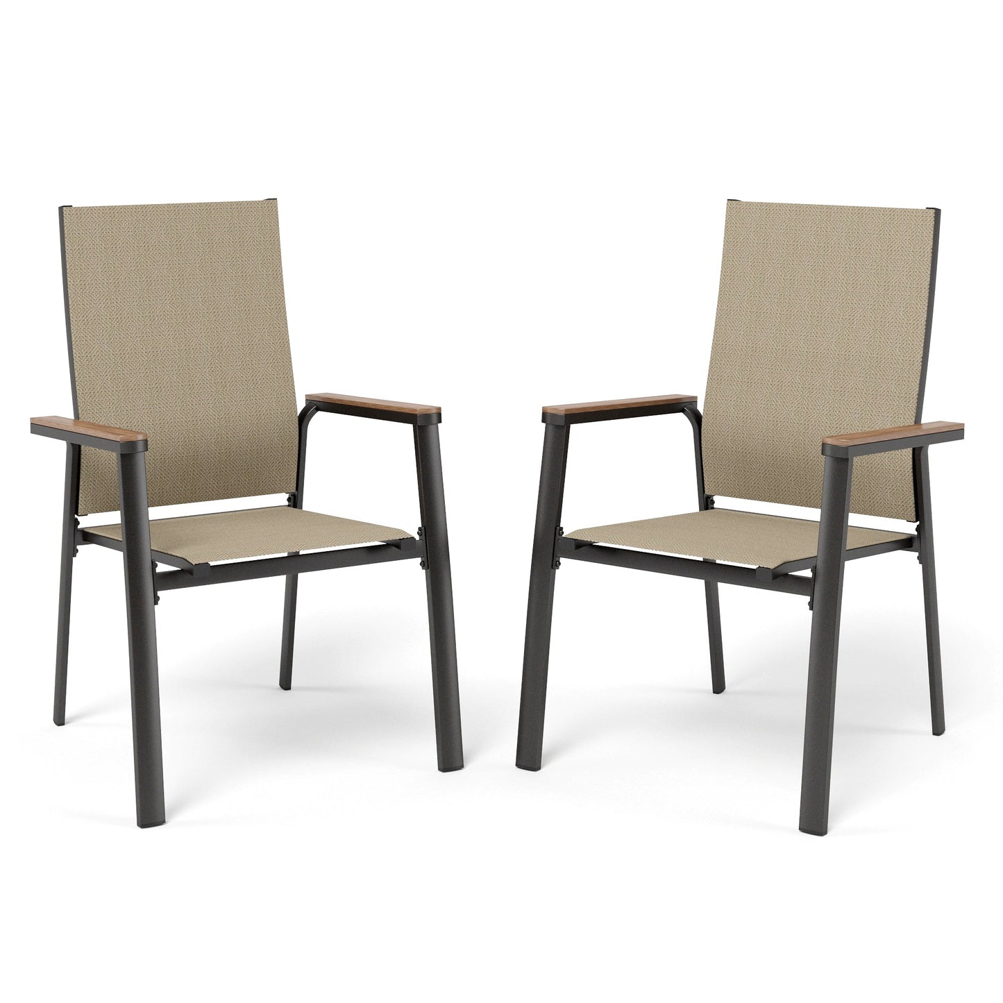 Summit Living 2-Piece Outdoor Patio Dining Stackable Chairs with Aluminum Frame & Textilene Seat, Black & Beige