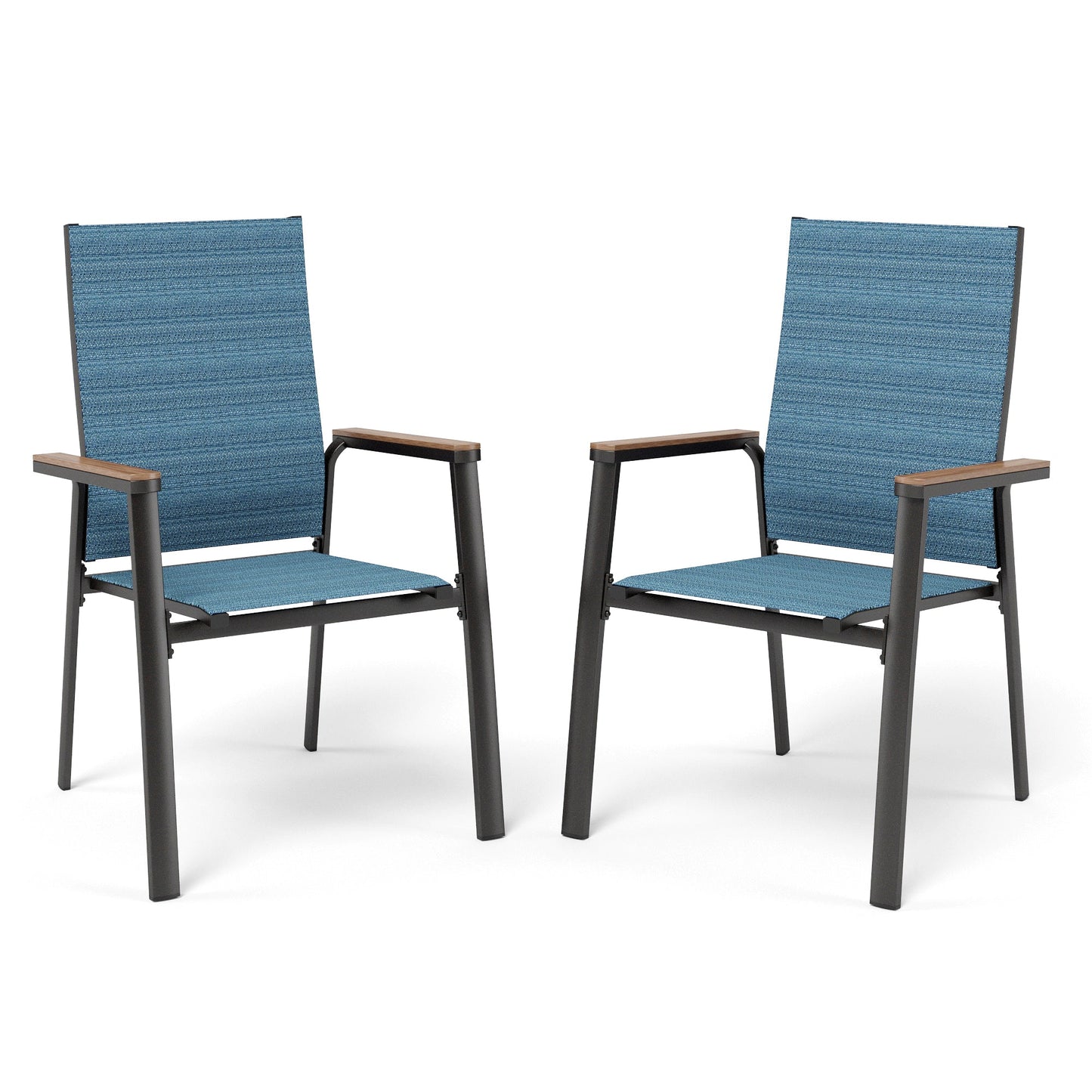 Summit Living 2-Piece Outdoor Patio Dining Stackable Chairs with Aluminum Frame & Textilene Seat, Black & Blue